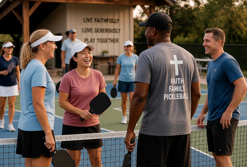 Friends laughing together on a pickleball court