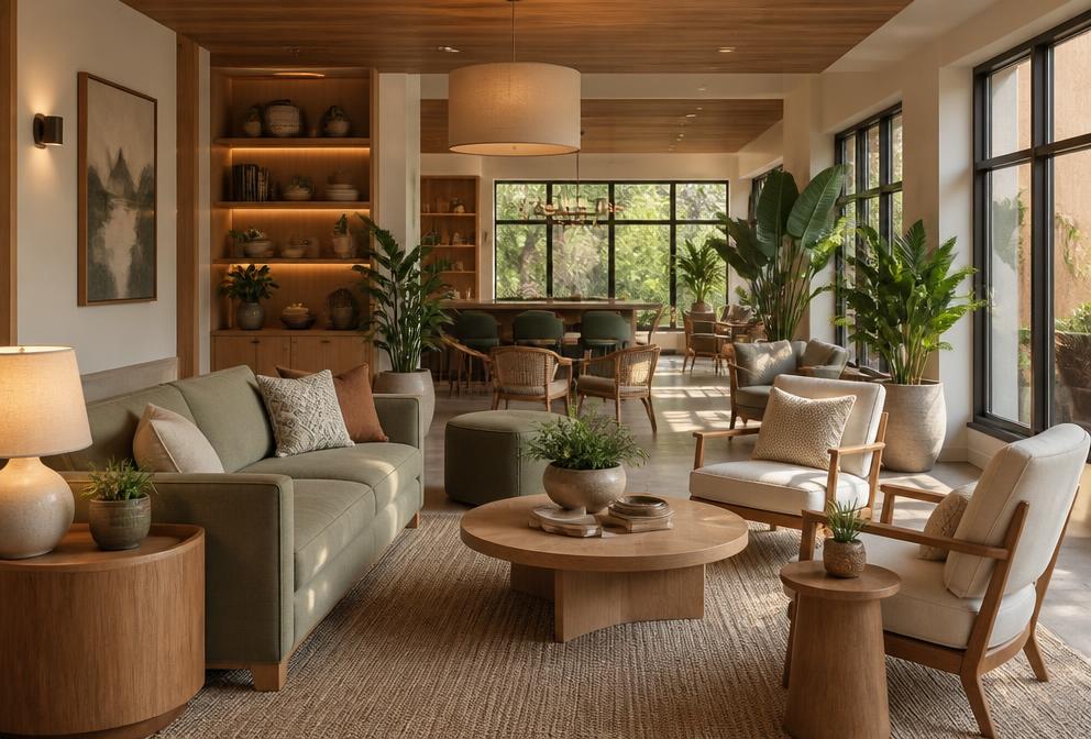 Cozy clubhouse lounge with wood furniture and greenery